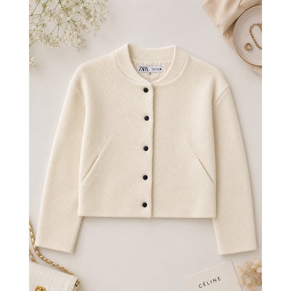 Zara Textured Bomber Jacket Womens S Cream Like New Ribbed Snap Front 4745/226